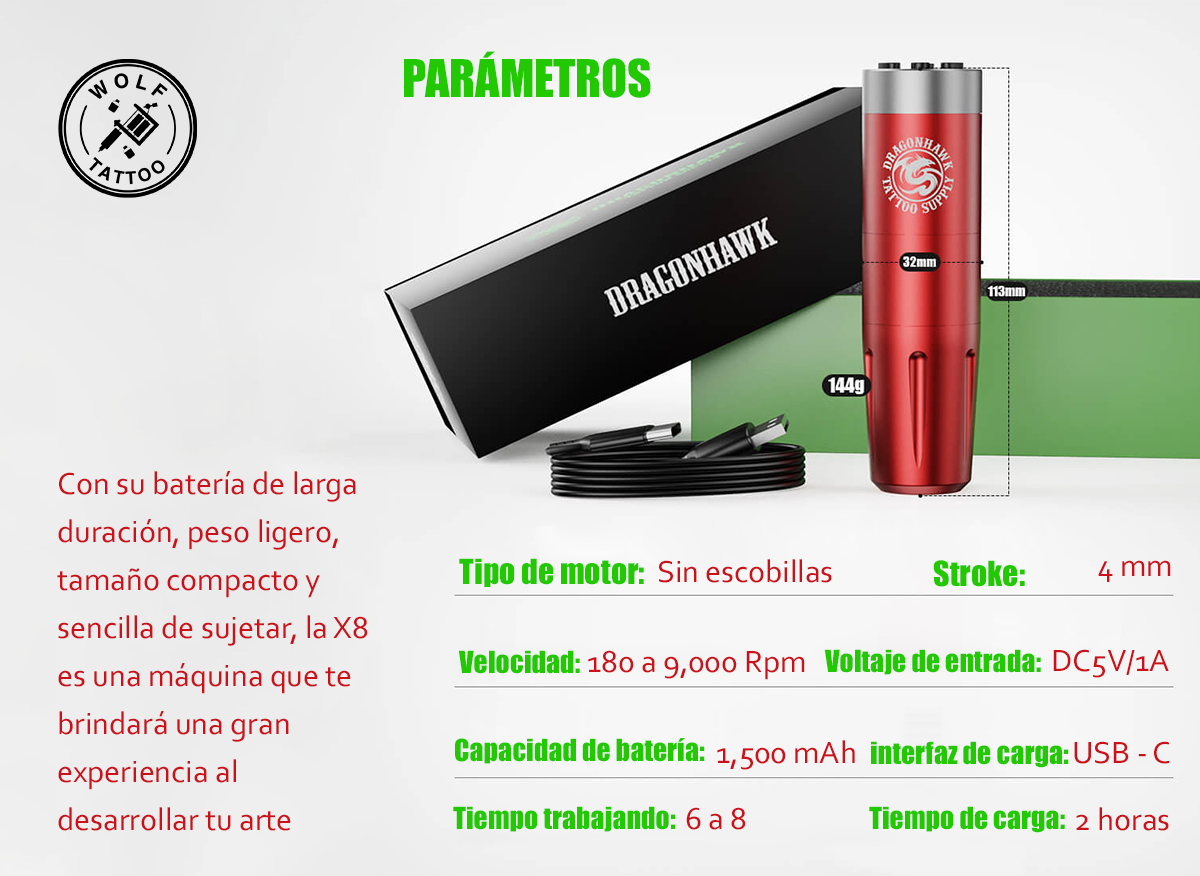 Máquina para Tatuar "X8", marca DRAGONHAWK, Inalámbrica.