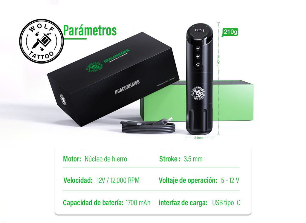 Máquina para Tatuar "X2", marca DRAGONHAWK, Inalámbrica.