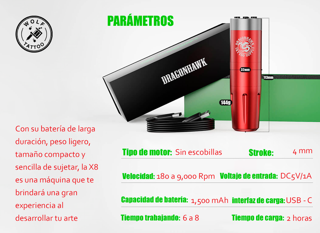 Máquina para Tatuar "X8", marca DRAGONHAWK, Inalámbrica.