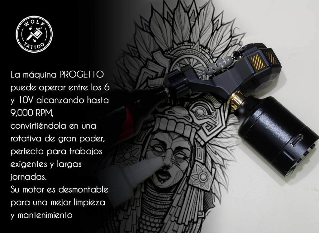 Máquina "Progetto" Para Tatuaje Rotativa Profesional Wolf Tattoo Alámbrica.