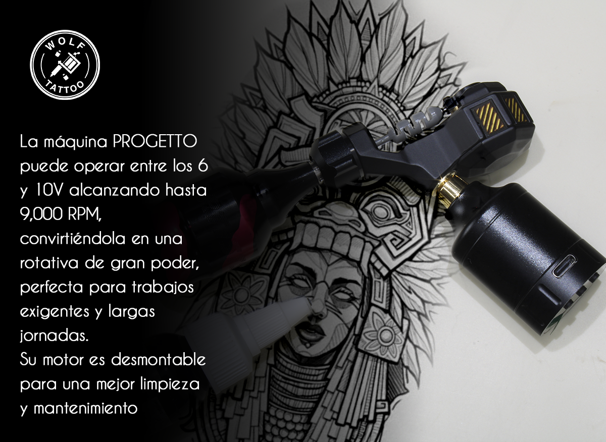 Máquina "Progetto" Para Tatuaje Rotativa Profesional Wolf Tattoo Alámbrica.